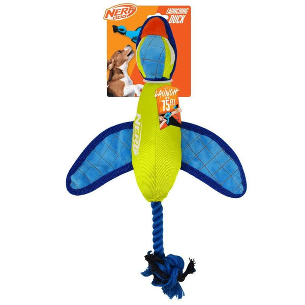 Nerf Dog Launching Duck Toy with crinkle and squeak, blue and yellow durable fetch toy.