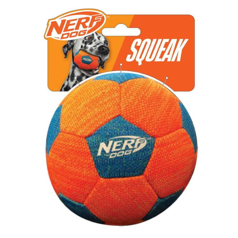 Nerf Dog X-Weave Squeak Ball 12.7cm with vibrant orange and blue soccer design.