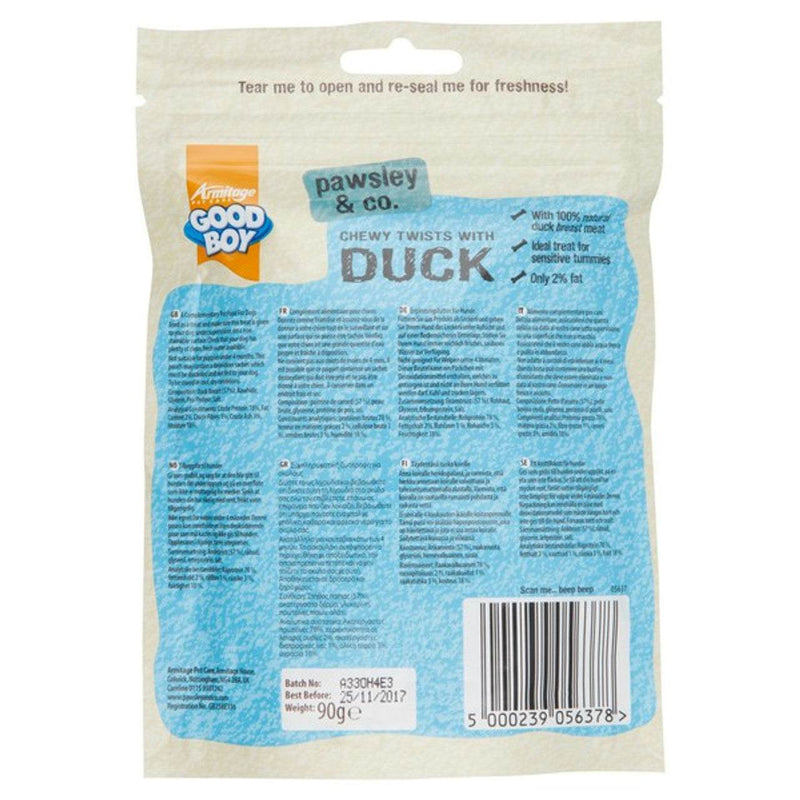 Good Boy Chewy Twists with Duck Dog Treats, 320g bag, natural duck meat, low fat, wheat-free.