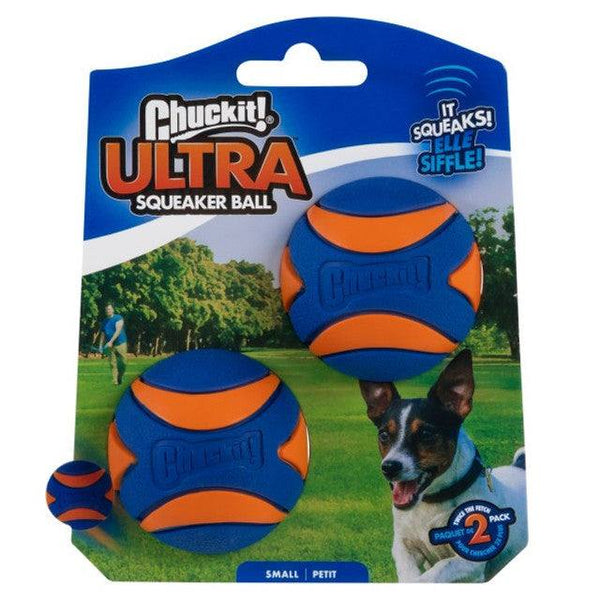 Chuckit Ultra Squeaker Ball Small Twin Pack for fetching, blue and orange with high bounce and durability.