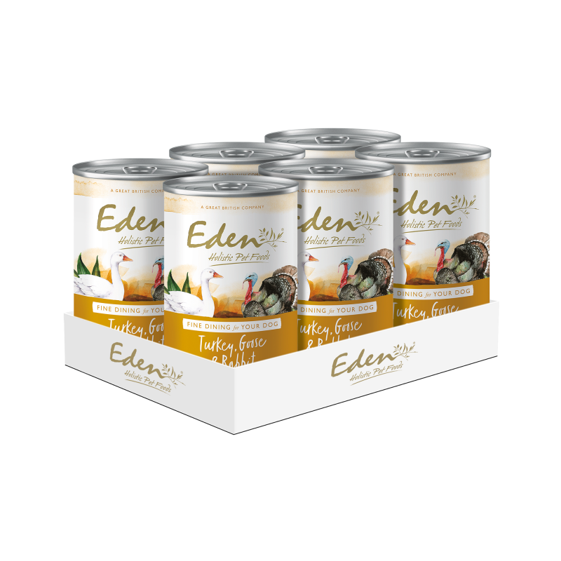 Eden Gourmet Goose & Rabbit 400g Wet Dog Food packaging showcasing turkey, goose, and rabbit.