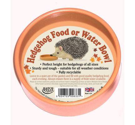 Eco-friendly hedgehog food and water bowl, ideal for garden habitats, weather-resistant and recyclable.