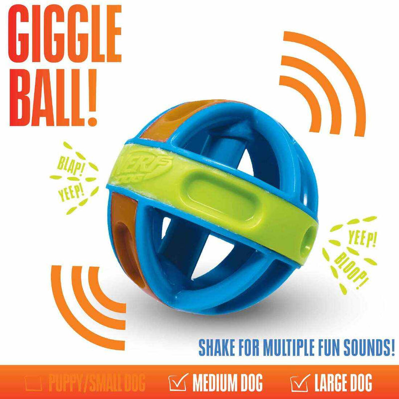 NERF Dog Giggle Ball toy with multi-color design, movement-activated squeakers for dog entertainment.