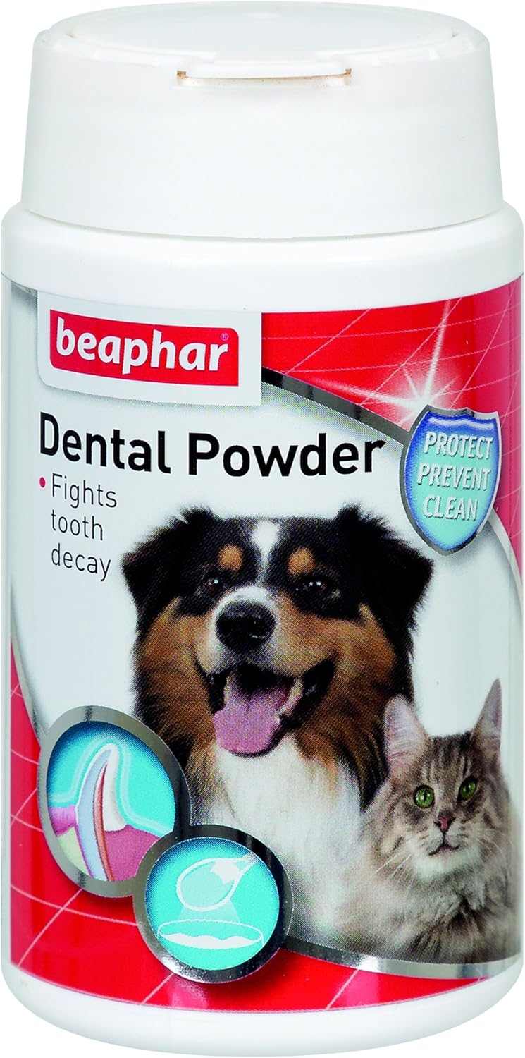 Beaphar Dental Powder for cats and dogs, 75g tub, natural oral care.