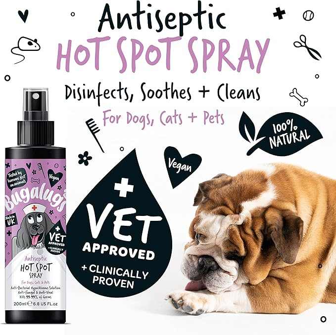 Bugalugs Antiseptic Hot Spot Spray for pets, vet-approved, 100% natural, disinfects and soothes itchy skin, suitable for dogs and cats.