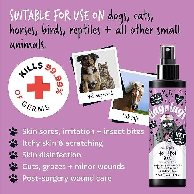 Bugalugs Antiseptic Hot Spot Spray for pets, effective on skin sores, irritation, and insect bites; kills 99.99% of germs; suitable for dogs, cats, horses, birds, reptiles.