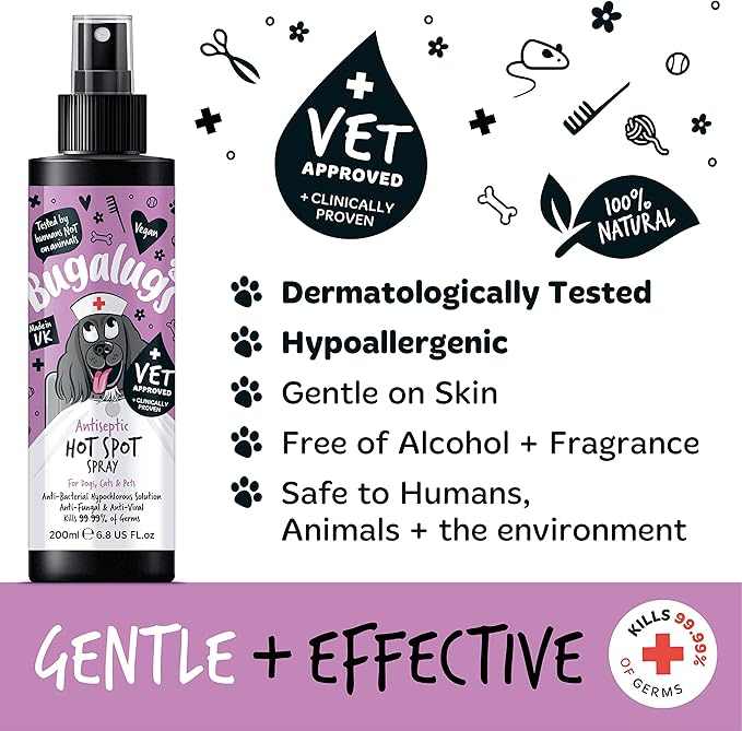 Bugalugs Antiseptic Hot Spot Spray for pets; vet-approved, dermatologically tested, hypoallergenic, alcohol-free, effective germ protection.