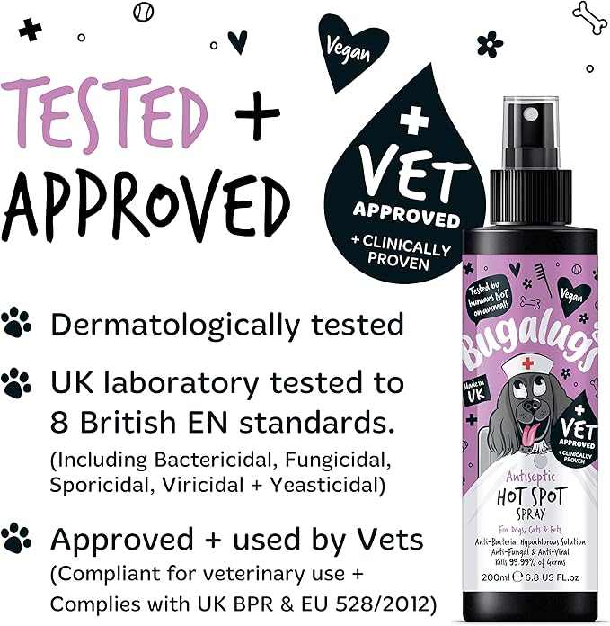 Bugalugs Antiseptic Hot Spot Spray, vet-approved, clinically tested, UK laboratory compliant, vegan-friendly.