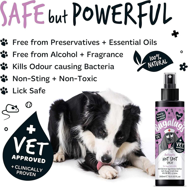 Bugalugs Antiseptic Hot Spot Spray for pets, safe and powerful, vet approved, non-toxic, 200ml bottle image.