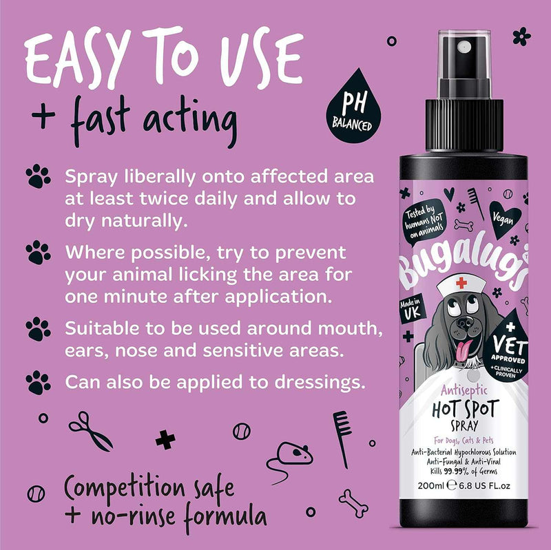 Bugalugs Antiseptic Hot Spot Spray for pets, fast-acting relief for irritated skin, 200ml bottle.