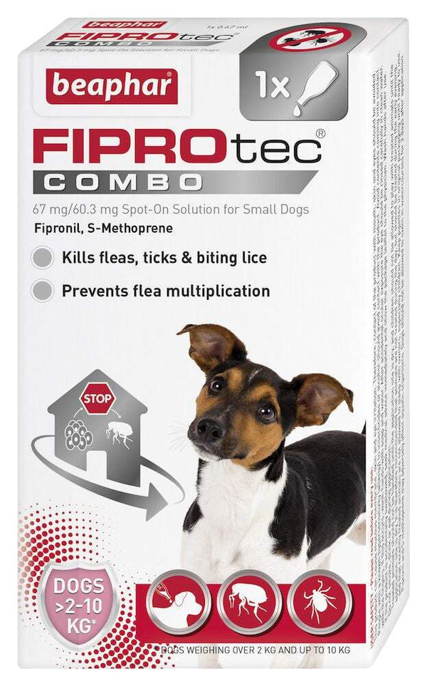 Beaphar FIPROtec COMBO Flea and Tick Spot On Treatment for small dogs 2-10kg package.