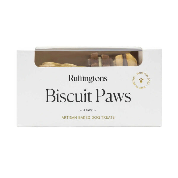 Ruffingtons Biscuit Paws 4 Pack Artisan Baked Dog Treats packaging.