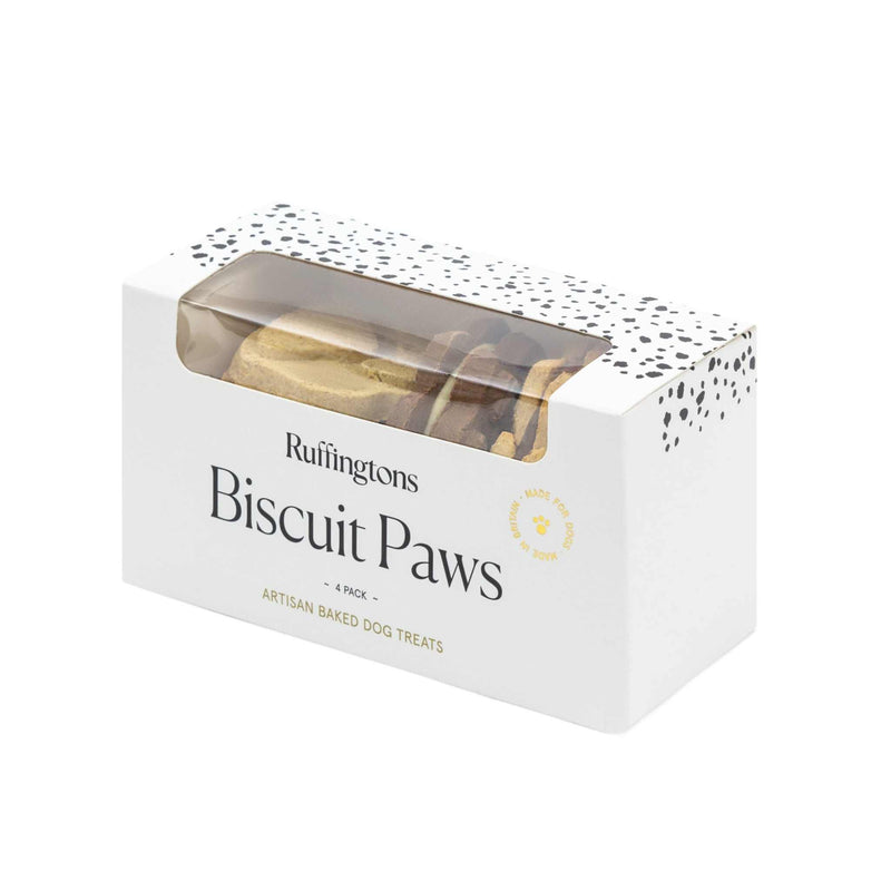 Ruffingtons Biscuit Paws 4 Pack Artisan Baked Dog Treats in white packaging.