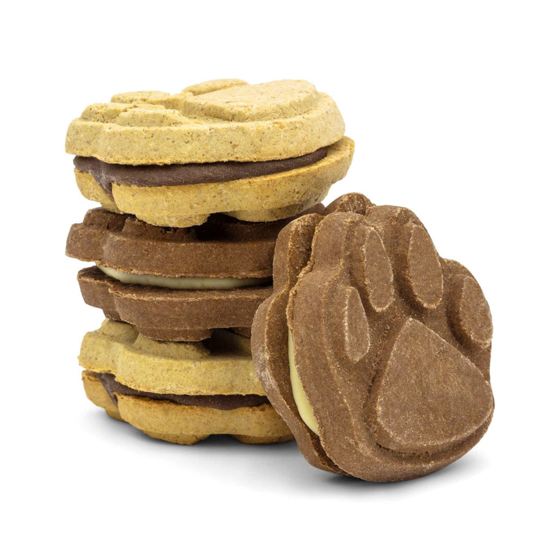 Ruffingtons Biscuit Paws 4 Pack Artisan Baked Dog Treats stacked, featuring handcrafted paw-shaped design.