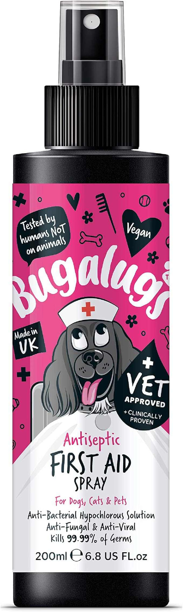 Bugalugs Antiseptic First Aid Spray for pets, antibacterial, antiviral, antifungal, alcohol-free.