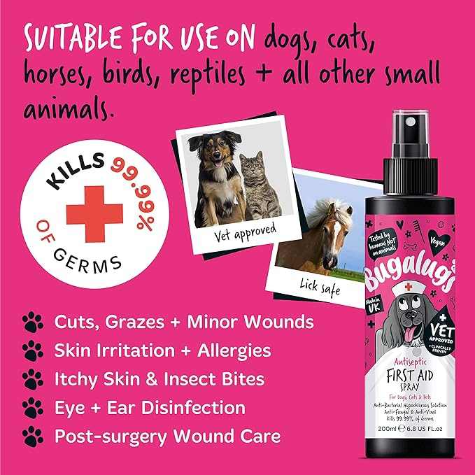 Bugalugs Antiseptic First Aid Spray for pets, kills 99.99% of germs, suitable for dogs, cats, horses, birds, reptiles, and small animals.