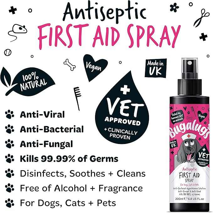 Bugalugs Antiseptic First Aid Spray for pets, vet-approved, kills 99.99% of germs, antiviral, antibacterial, antifungal, suitable for dogs, cats, and small animals, alcohol-free, made in UK.