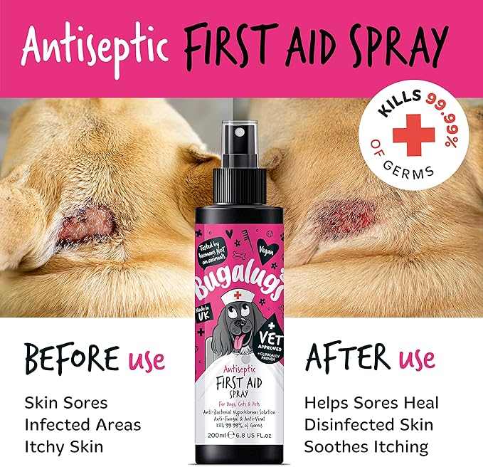 Bugalugs Antiseptic First Aid Spray for pets, kills 99.99% of germs, effective for skin sores, infected areas, itchy skin, before and after use comparison.