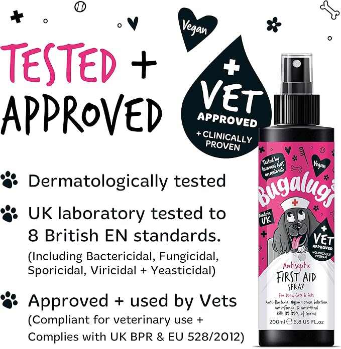 Bugalugs Antiseptic First Aid Spray for pets, dermatologically tested and vet approved, 200ml bottle.