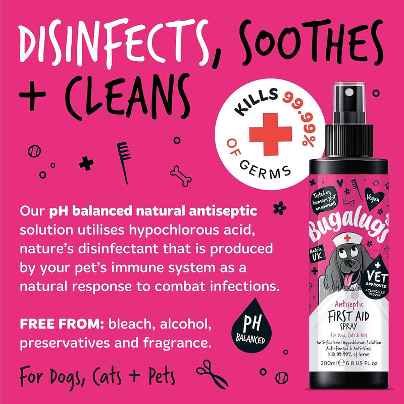 Bugalugs Antiseptic First Aid Spray for Pets - pH Balanced, Alcohol-Free, Disinfects and Soothes, 99.99% Germ Kill, Suitable for Dogs, Cats, and Small Animals.