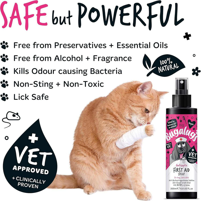 Bugalugs Antiseptic First Aid Spray for pets, 200ml, vet approved and clinically proven, non-toxic and lick safe, natural and powerful germ-killing formula.