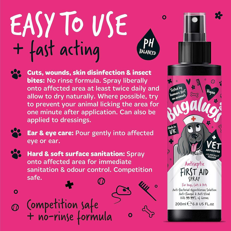 Bugalugs Antiseptic First Aid Spray for pets, fast-acting, pH balanced, kills 99.99% of germs, suitable for dogs, cats, horses, and small animals.