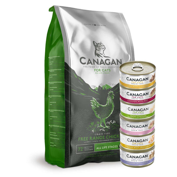 Canagan Free Run Chicken Kibble & Meat Bundle for Cats with dry food bag and six meat tins.