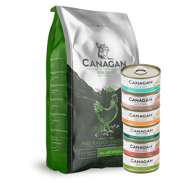 Canagan Free Run Chicken Kibble & Seafood Bundle for Cats with 1.4kg dry kibble and 6 seafood tins.