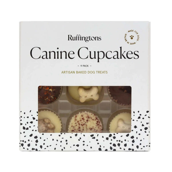 Ruffingtons Canine Cupcakes 9 Pack Baked Dog Treats in decorative box with bone toppers.