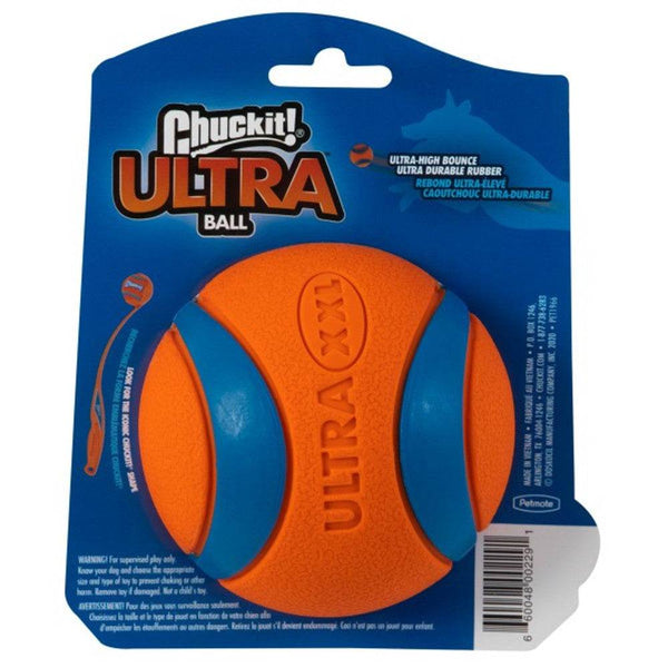 Chuckit Ultra Extra Extra Large Ball for dogs, high bounce, durable, bright orange and blue, floats in water.