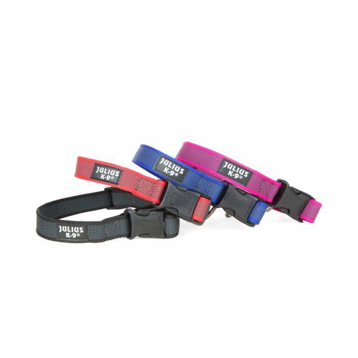 Julius K9 Colour & Gray® Comfort Dog Collars in various colors, durable weatherproof polyester, secure buckles.