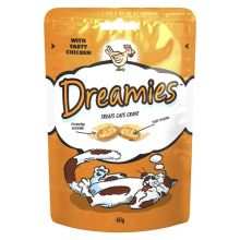 Dreamies Cat Treats with Chicken 60g packaging, crunchy and soft cat biscuits.