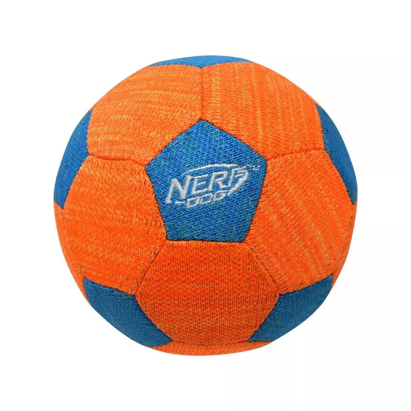 Nerf Dog X-Weave Squeak Ball 12.7cm orange and blue durable dog toy.