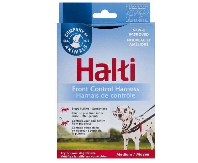 HALTI Front Control Dog Harness packaging showing medium size and anti-pull feature.