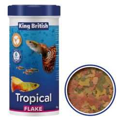 King British Tropical Fish Flakes 55g container with flake close-up.