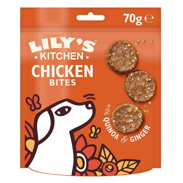 Lily's Kitchen Chomp Away Chicken Bites - 70g pack, grain-free dog treats, with quinoa and ginger.