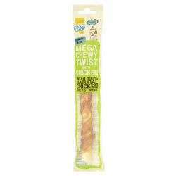 Good Boy Mega Chicken Chewy Twist dog treat in re-sealable packaging.