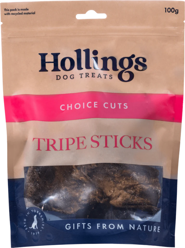 Hollings Tripe Sticks 100g bag of natural grain-free dog treats.