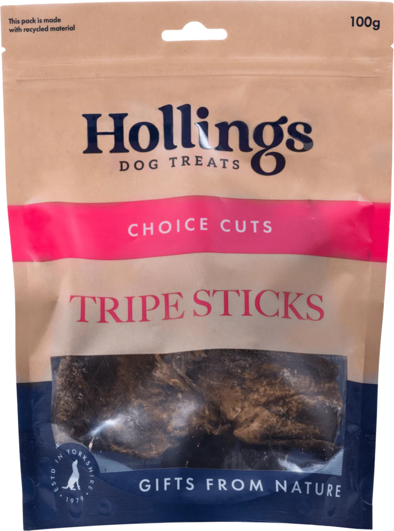 Hollings Tripe Sticks 100g bag of natural grain-free dog treats.