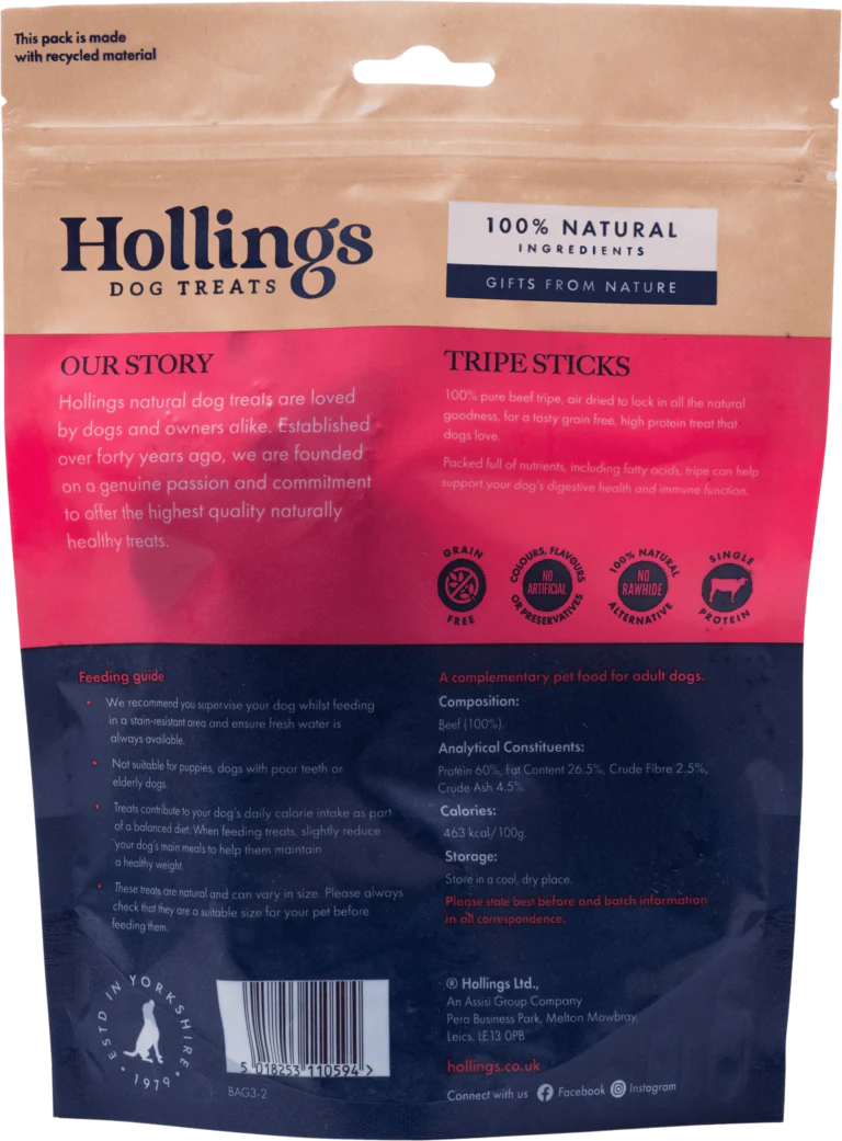 Hollings Tripe Sticks dog treats packaging showing natural ingredients and benefits.