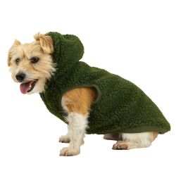 Dog wearing Ancol Teddy Sherpa Hoody in green color.