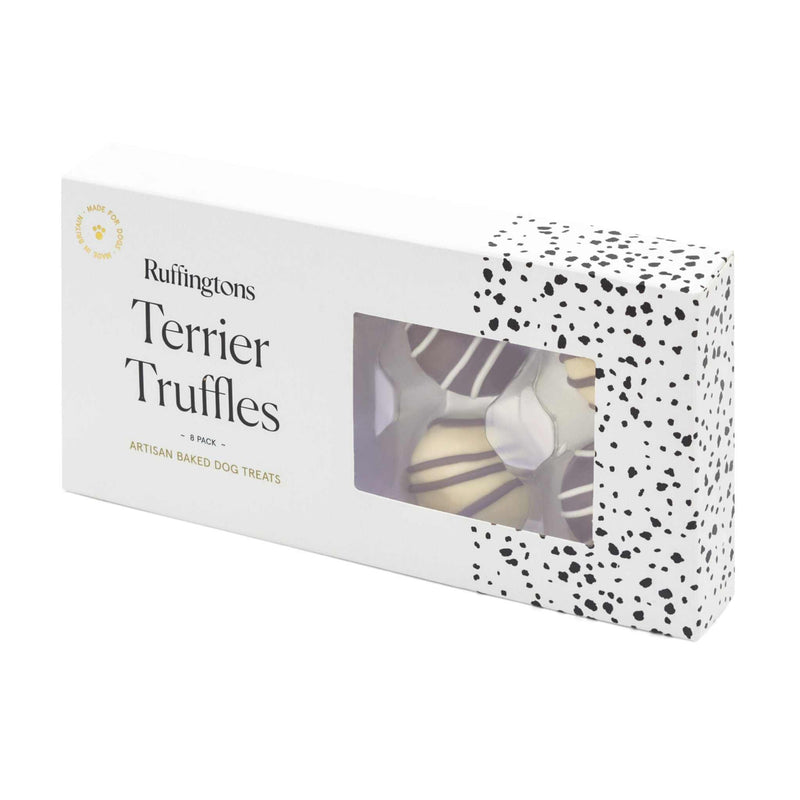 Ruffingtons Terrier Truffles 8 Pack Baked Dog Treats in white decorative box.