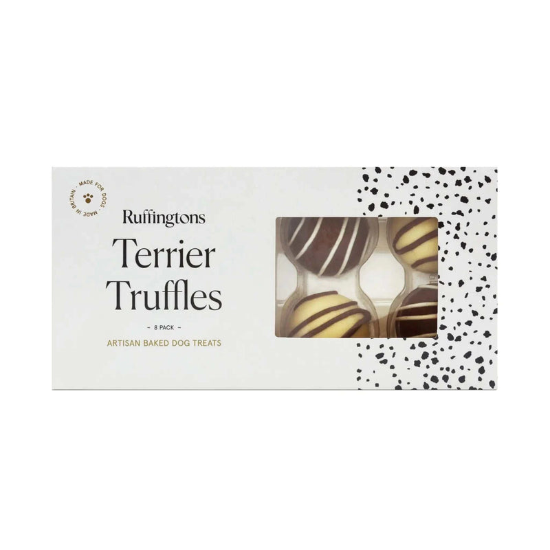 Ruffingtons Terrier Truffles 8 Pack Baked Dog Treats in decorative packaging.