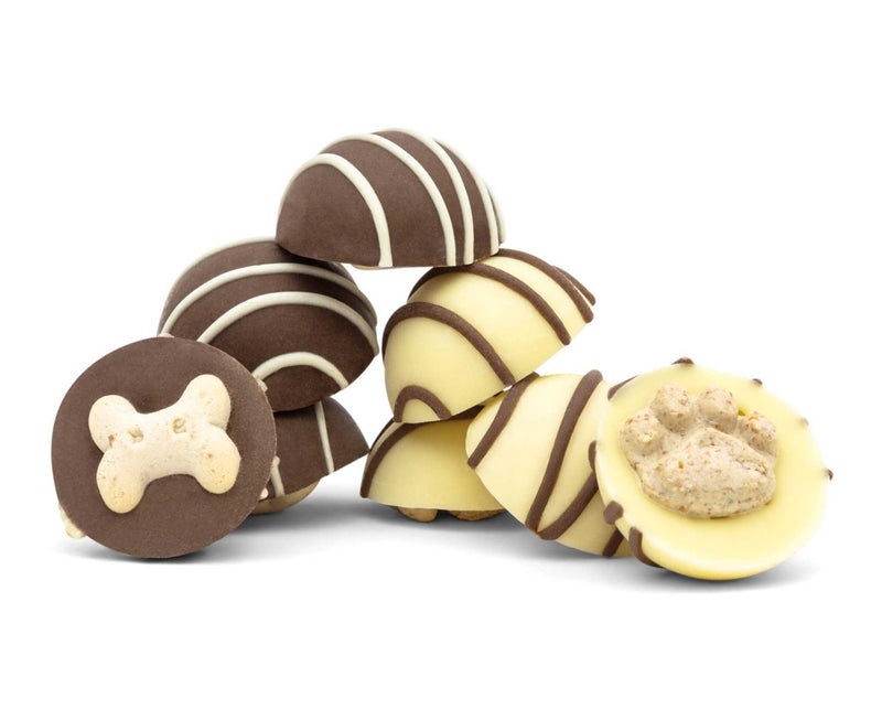 Ruffingtons Terrier Truffles 8 Pack Baked Dog Treats with paw and bone shapes.