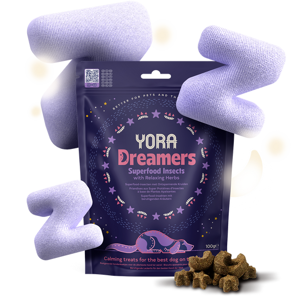 Dreamers Calming Dog Treats packaging with relaxing herbs and insect protein.