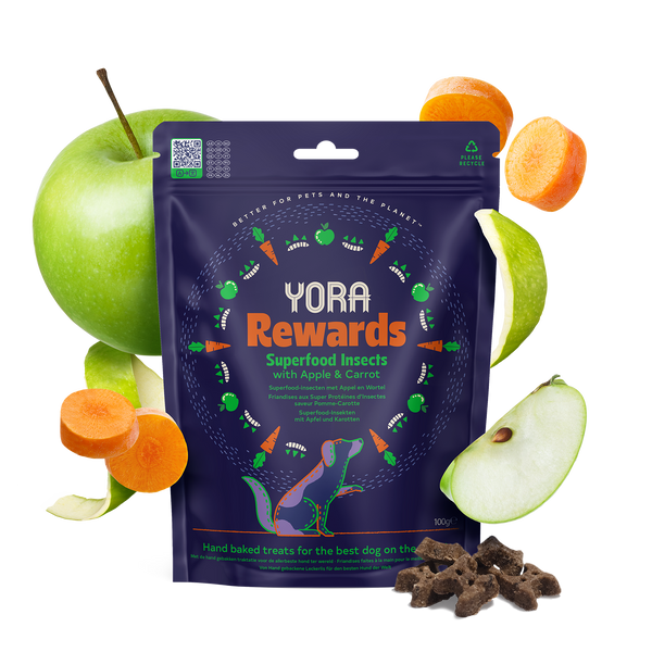 YORA Insect Protein Dog Treats with Apple and Carrot packaging and ingredients.