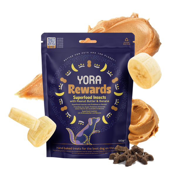 YORA Peanut Butter & Banana Insect Protein Dog Treats packaging with bananas and peanut butter.