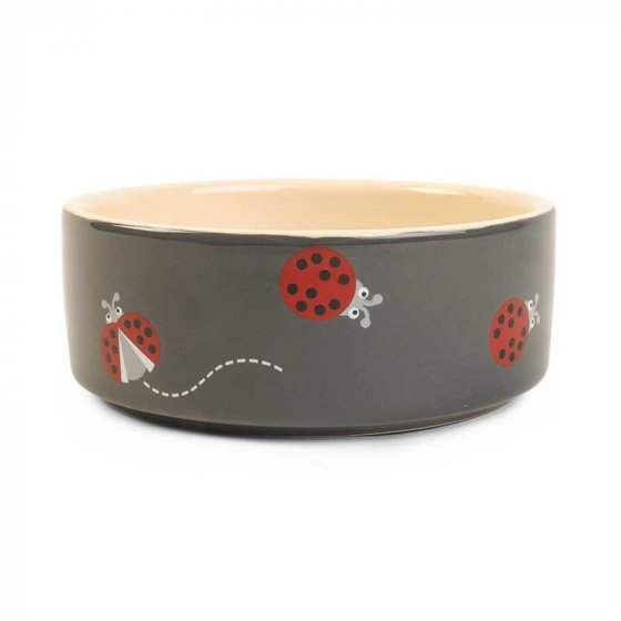 Ladybird Ceramic Dog Bowl with ladybird design on dark exterior, suitable for dogs and cats.