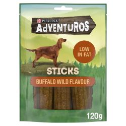 Aventuros Buffalo Wild Flavour Sticks for dogs, low in fat, 120g pack.