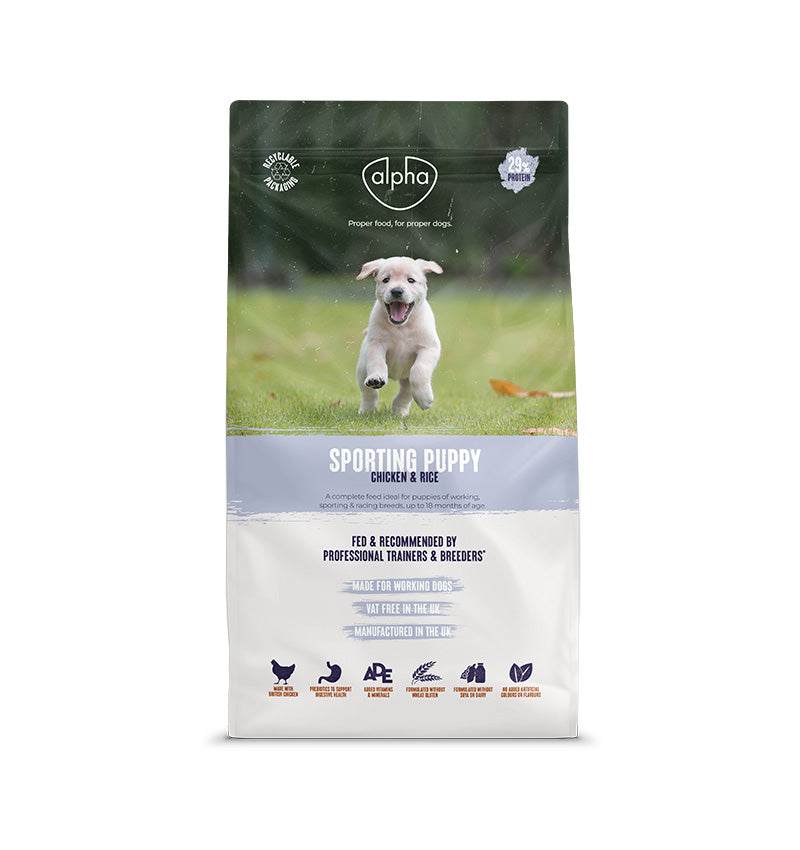 Alpha Sporting Puppy Dry Dog Food packaging with a running puppy image, designed for working and sporting breeds.